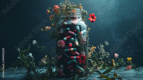A pill bottle overflowing with flowers and vines, juxtaposing the natural beauty with the dark connotation of narcotics
