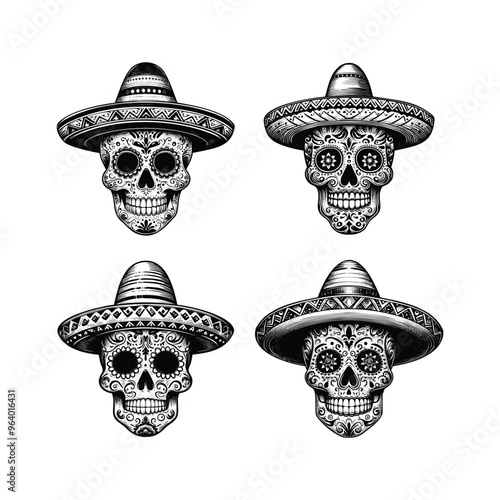 set of mexican sugar skull with sombrero hat black and white vector illustration