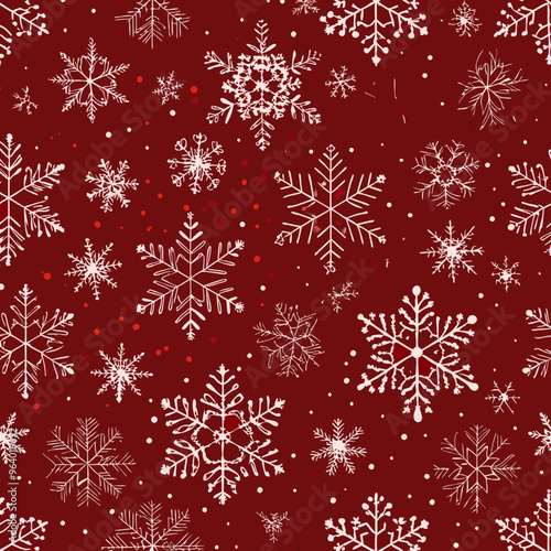 Seamless winter pattern with white snowflakes on a festive red background

