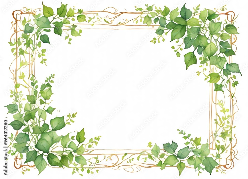 A watercolor illustration of a rectangular frame made of delicate green ivy leaves and vines A watercolor illustration of a rectangular frame made of delicate green ivy leaves and vines