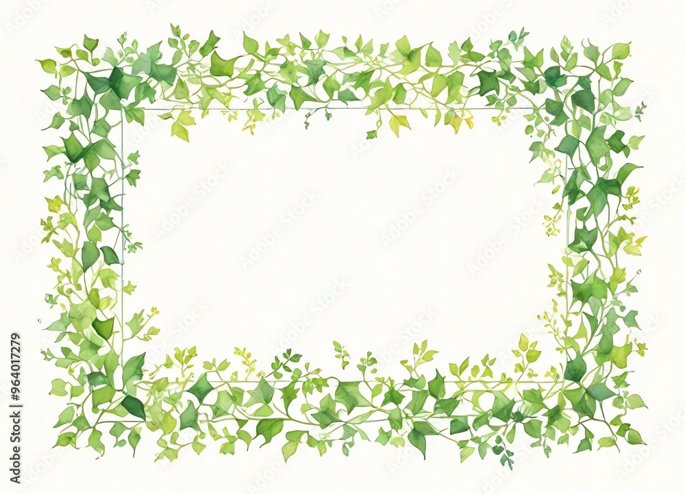 A watercolor illustration of a rectangular frame made of delicate green ivy leaves A watercolor illustration of a rectangular frame made of delicate green ivy leaves
