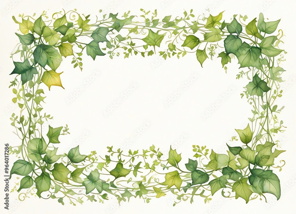An airy watercolor illustration of a rectangular frame made of delicate green ivy leaves and vines An airy watercolor illustration of a rectangular frame made of delicate green ivy leaves and vines