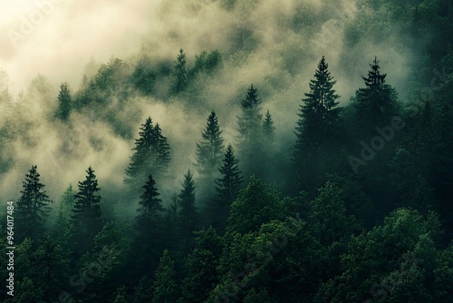 The scene captures the dense, lush green trees shrouded in a mystical layer of fog, creating a serene and tranquil atmosphere. The forest is rich with various shades of green , ai