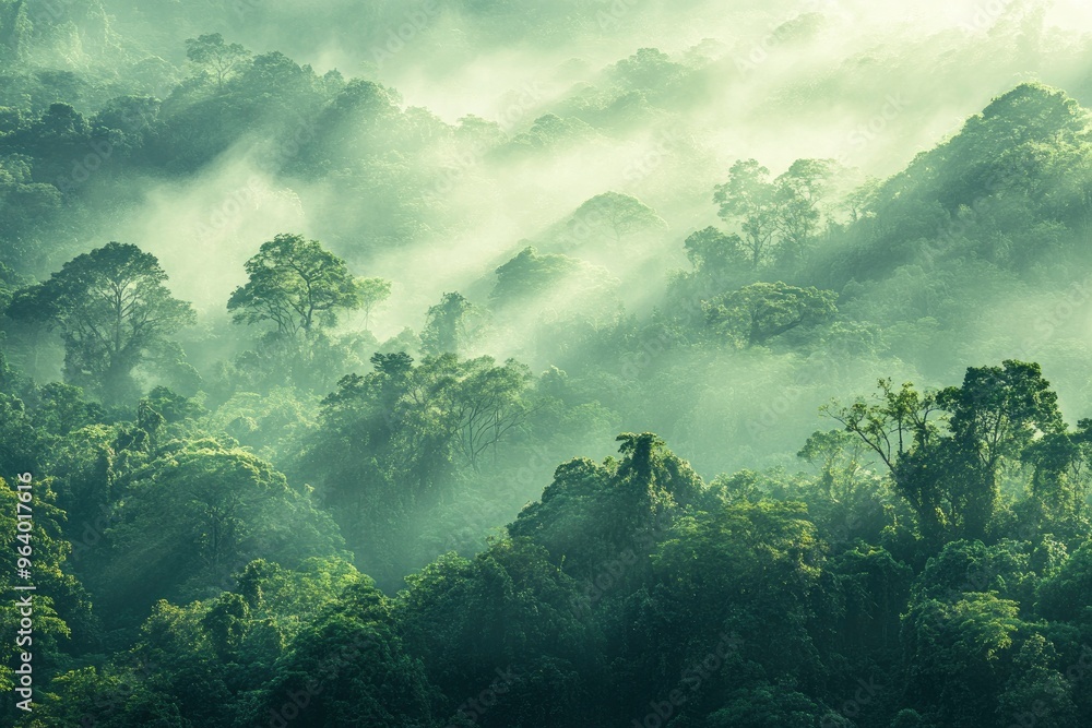 The scene captures the dense, lush green trees shrouded in a mystical layer of fog, creating a serene and tranquil atmosphere. The forest is rich with various shades of green , ai The scene captures the dense, lush green trees shrouded in a mystical layer of fog, creating a serene and tranquil atmosphere. The forest is rich with various shades of green , ai