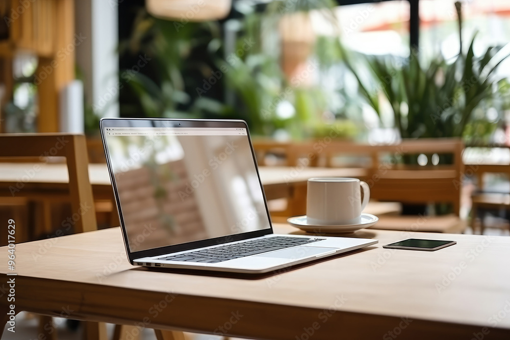 Serene Cafe Workspace with Laptop and Coffee Serene Cafe Workspace with Laptop and Coffee