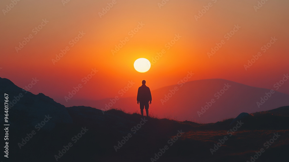 A person standing against stunning sunset fading behind mountain, creating serene and contemplative atmosphere. A person standing against stunning sunset fading behind mountain, creating serene and contemplative atmosphere.