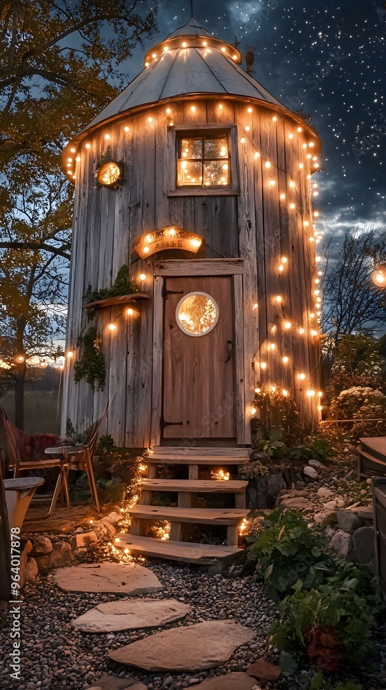 Illuminated Wooden Cabin with Steps and Night Sky Illuminated Wooden Cabin with Steps and Night Sky