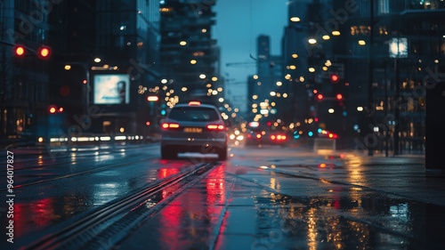 Urban city street at night with wet reflections on road, red traffic lights, and public bus driving through in rainy weather, showcasing metropolitan nightlife and transportation