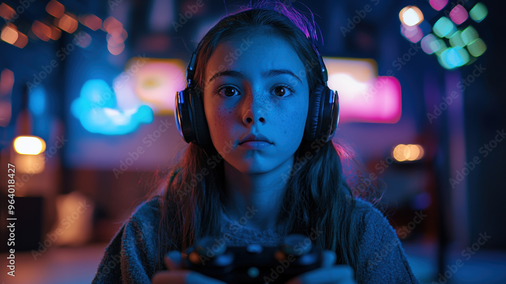 Focused young female gamer wearing headphones in a dimly lit room with vibrant neon lights, immersed in an intense gaming session at night, representing modern youth digital culture Focused young female gamer wearing headphones in a dimly lit room with vibrant neon lights, immersed in an intense gaming session at night, representing modern youth digital culture