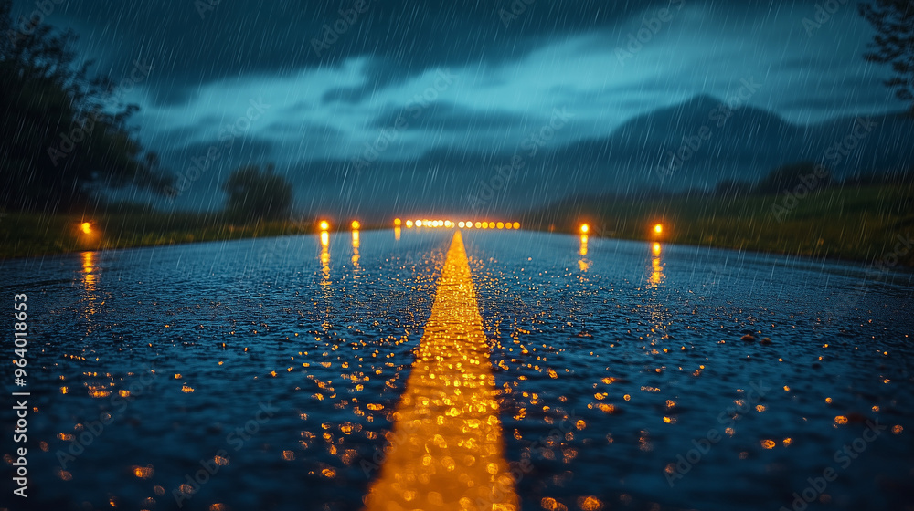 rainy night road with yellow line and lights. a wet road captured at ...