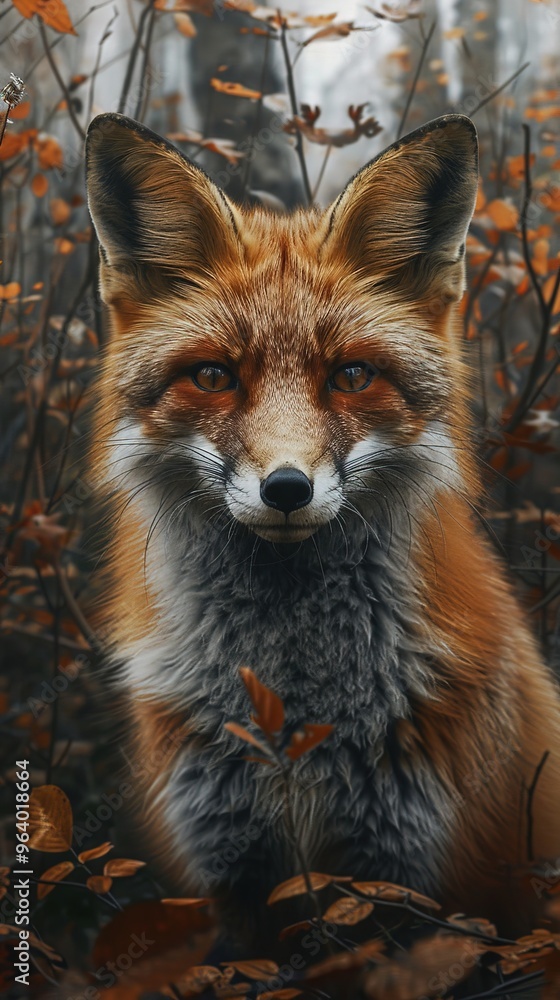 Fototapeta premium A fox is standing in a forest with leaves on the ground