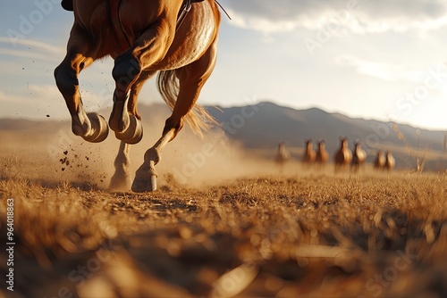 Horses galloping across dusty terrain during golden hour near mountain range photo