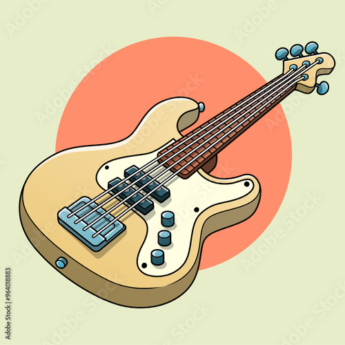 An electric bass guitar with a natural wood finish and white pickguard, set against a warm-toned background