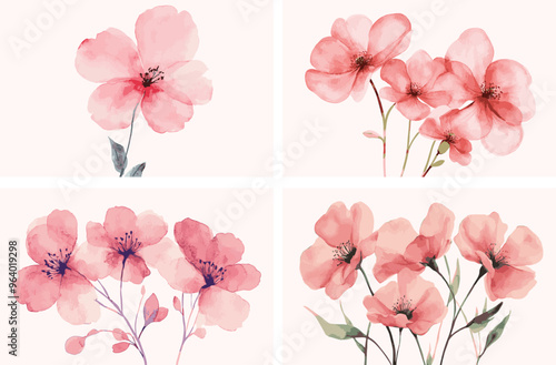 A Set of watercolor painting of pink flowers with leaves, pastel background.