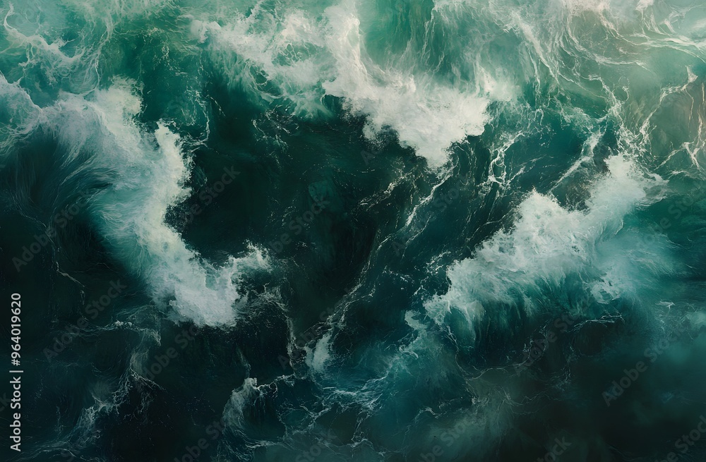 A top-down view of an ocean with dark green and white waves A top-down view of an ocean with dark green and white waves