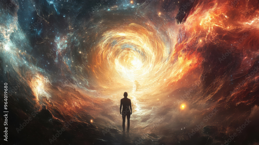 A figure stands in cosmic landscape, surrounded by swirling galaxies and vibrant colors, evoking sense of wonder and exploration. A figure stands in cosmic landscape, surrounded by swirling galaxies and vibrant colors, evoking sense of wonder and exploration.
