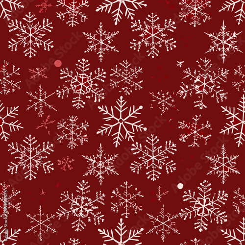 Seamless winter pattern with white snowflakes on a festive red background

