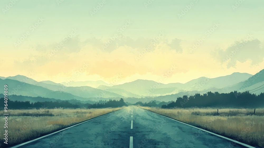 Fototapeta premium Road rendered in watercolor style with soft brushstrokes, gentle gradients, and a fluid, atmospheric depiction of the road.