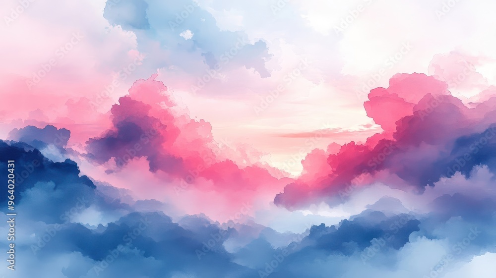 Fototapeta premium Sky rendered in watercolor style with soft, flowing gradients and gentle brushstrokes, creating a serene and atmospheric depiction.