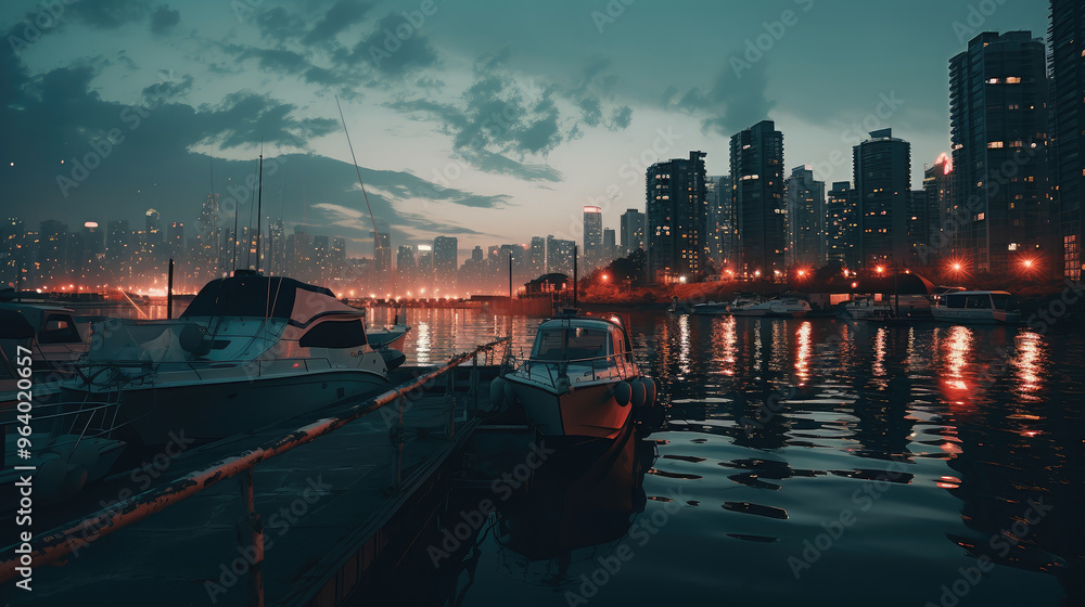 Naklejka premium Urban Twilight: Marina Cityscape Reflections