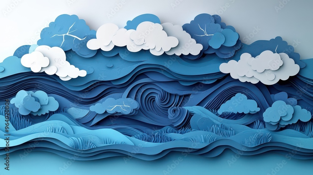 Rain and lightning depicted in paper art style, showcasing intricate ...