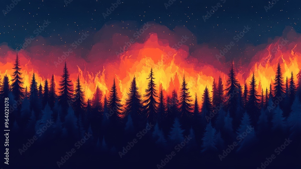 Forest fire illustrated in flat design style, using bold shapes and ...
