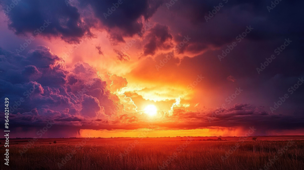 A stunning sunset illuminates sky with vibrant colors, casting warm glow over landscape as thunderstorms gather in distance. A stunning sunset illuminates sky with vibrant colors, casting warm glow over landscape as thunderstorms gather in distance.