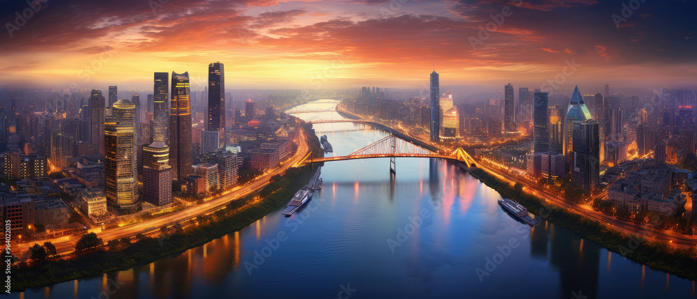 Fototapeta premium Sunset Glow Over Urban Cityscape Panorama