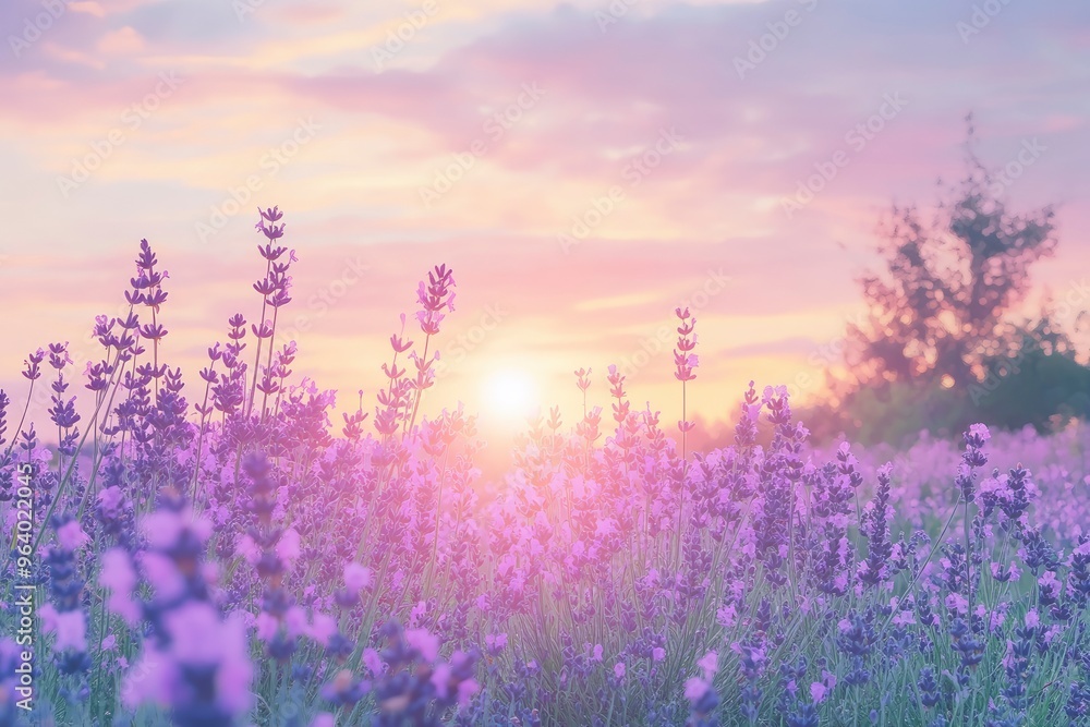 Obraz premium Wonderful nature landscape, amazing sunset scenery with blooming lavender flowers. Moody sky, pastel colors on bright landscape view. Floral panoramic meadow nature in lines with trees and horizon, ai