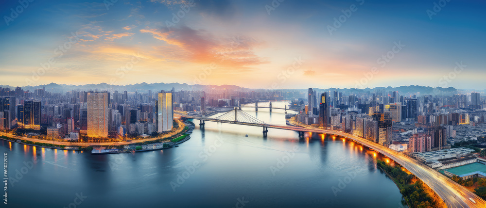 Fototapeta premium Majestic Sunset Over Urban River Landscape