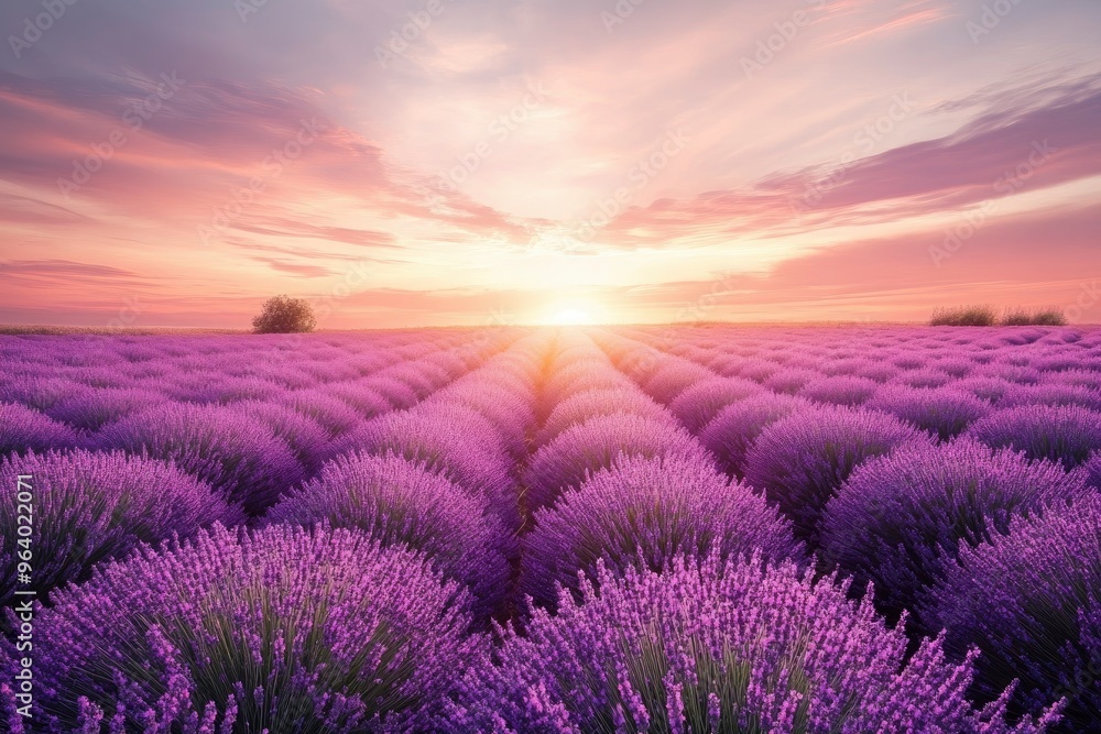 Wonderful nature landscape, amazing sunset scenery with blooming lavender flowers. Moody sky, pastel colors on bright landscape view. Floral panoramic meadow nature in lines with trees and horizon, ai Wonderful nature landscape, amazing sunset scenery with blooming lavender flowers. Moody sky, pastel colors on bright landscape view. Floral panoramic meadow nature in lines with trees and horizon, ai