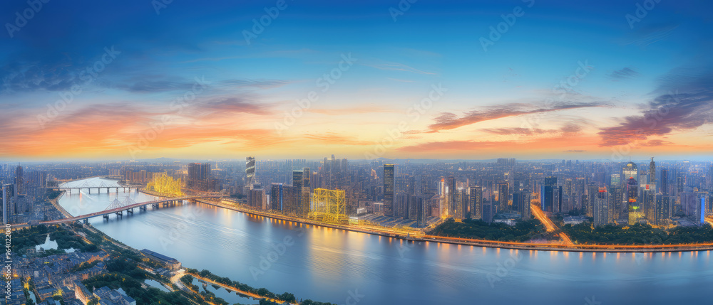 Fototapeta premium Sunrise Over Bustling City Skyline Panorama