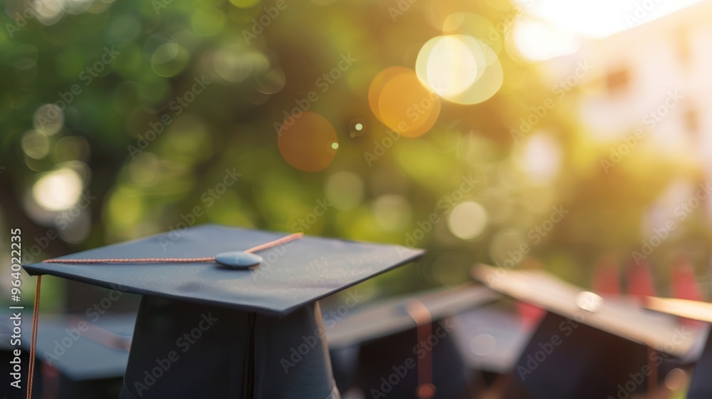 Blurred background of graduation caps in a sunny university campus setting. Concept Graduation Photoshoot, University Campus, Sunny Day, Blurred Background, Caps Theme Blurred background of graduation caps in a sunny university campus setting. Concept Graduation Photoshoot, University Campus, Sunny Day, Blurred Background, Caps Theme