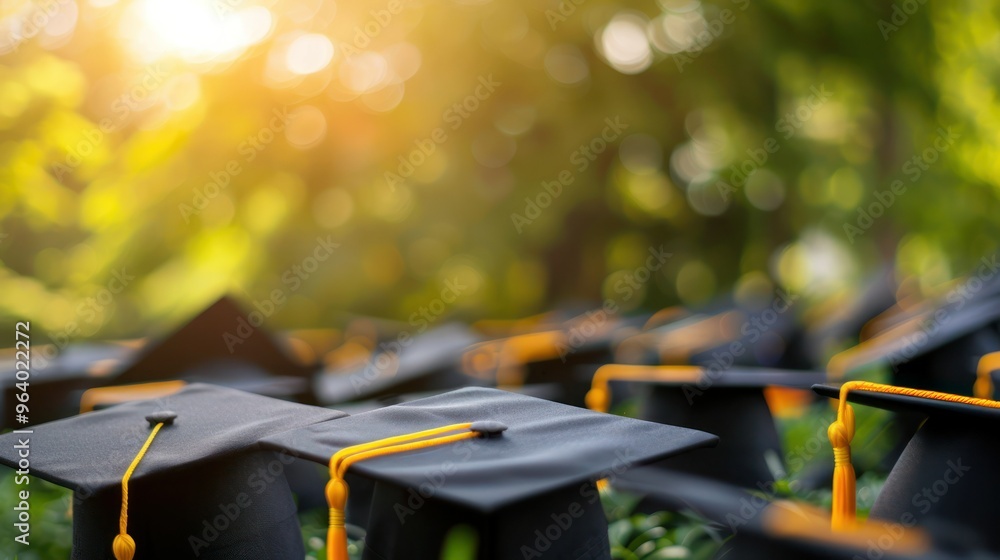 Blurred background of graduation caps in a sunny university campus setting. Concept Graduation Photoshoot, University Campus, Sunny Day, Blurred Background, Caps Theme Blurred background of graduation caps in a sunny university campus setting. Concept Graduation Photoshoot, University Campus, Sunny Day, Blurred Background, Caps Theme