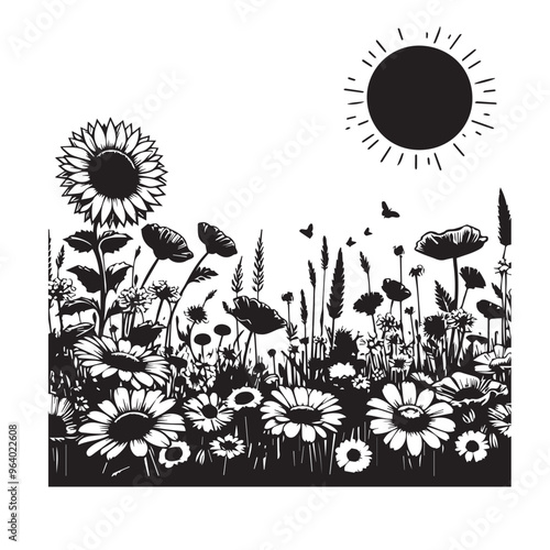 Wildflowers Clipart black vector, black color silhouette ,white colour background