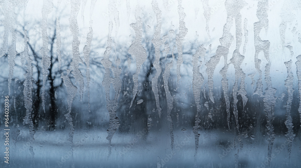 Fototapeta premium Icy rain creating patterns on window, with blurred trees in background, evokes serene winter atmosphere.