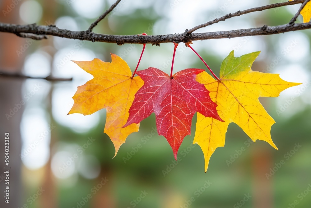 Three autumn leaves in shades of red, yellow, and green hanging side by side from branch symbolizing seasonal transition. Nature concept Three autumn leaves in shades of red, yellow, and green hanging side by side from branch symbolizing seasonal transition. Nature concept
