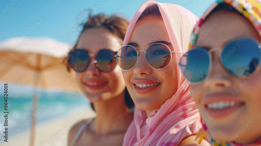 Friends from different backgrounds, including Middle Eastern, Asian, and European women, enjoy a day at the beach together Friends from different backgrounds, including Middle Eastern, Asian, and European women, enjoy a day at the beach together