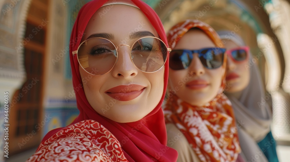 Middle Eastern women wearing hijab and their Asian and European friends go on a sightseeing tour of the city Middle Eastern women wearing hijab and their Asian and European friends go on a sightseeing tour of the city