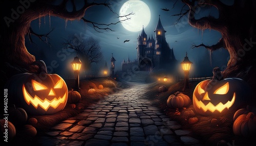 ハロウィンの夕闇で不気味に輝くジャックオーランタン