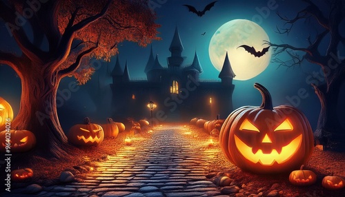 ハロウィンの夕闇で不気味に輝くジャックオーランタン