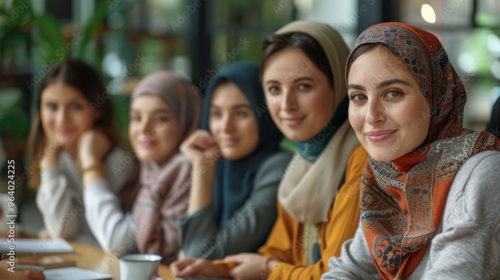 Obraz premium Friends from different backgrounds, including Middle Eastern, Asian, and European women, gather for a book club meeting