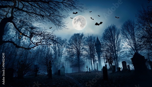 コウモリが舞う夜の森の墓、ハロウィン背景