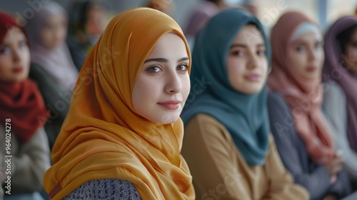 Middle Eastern women wearing hijab and their Asian and European friends attend a workshop on sustainable living practices