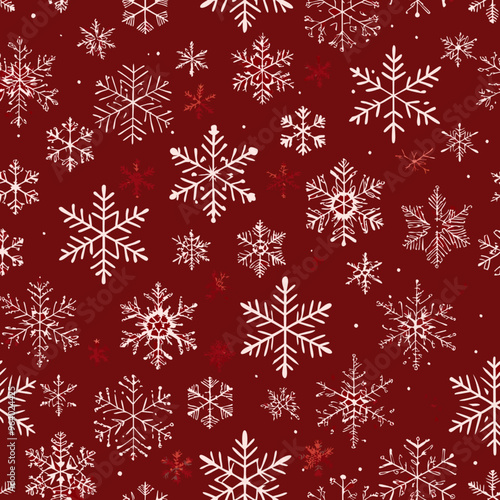 Seamless winter pattern with white snowflakes on a festive red background

