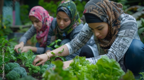 Middle Eastern women wearing hijab and their Asian and European friends participate in a community garden project to grow fresh produce for their neighborhood