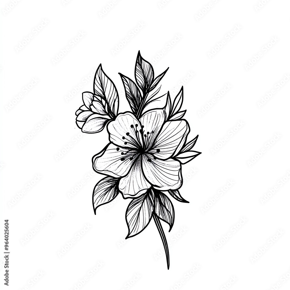 Fototapeta premium A detailed black and white illustration of a blooming flower with intricate petals and leaves, perfect for nature-themed designs.