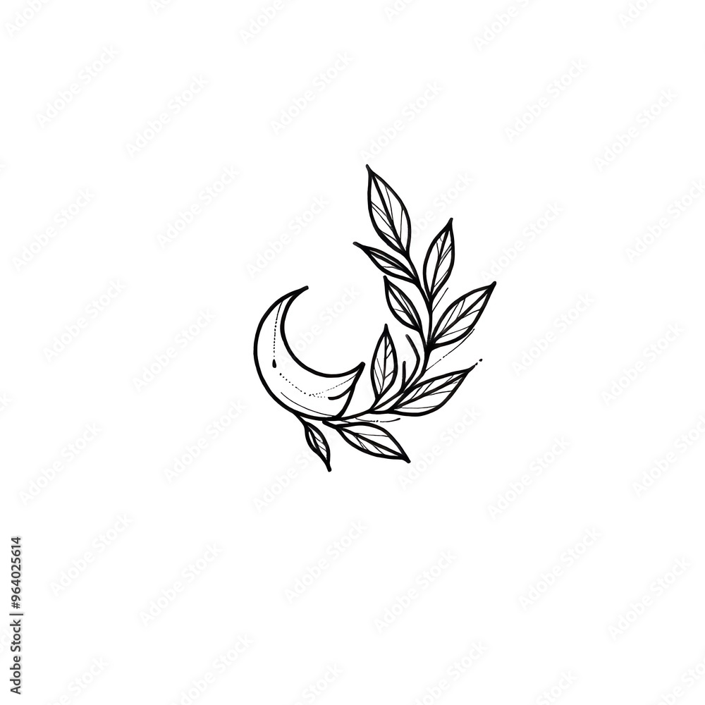 A minimalist illustration of a crescent moon adorned with elegant leaves, perfect for botanical or celestial-themed projects. A minimalist illustration of a crescent moon adorned with elegant leaves, perfect for botanical or celestial-themed projects.