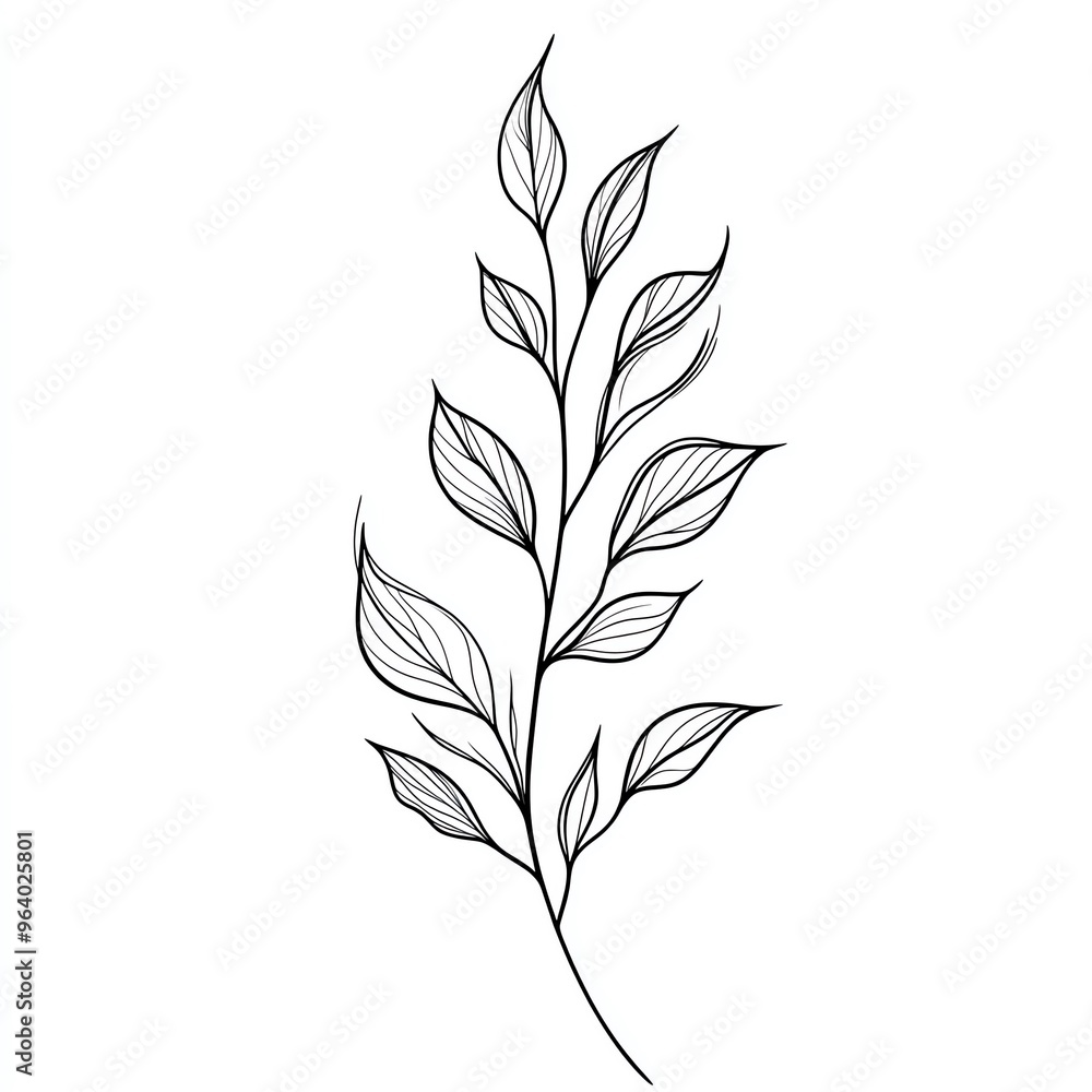 Fototapeta premium Elegant black line drawing of a leaf branch with detailed leaves, perfect for botanical art and nature-themed projects.