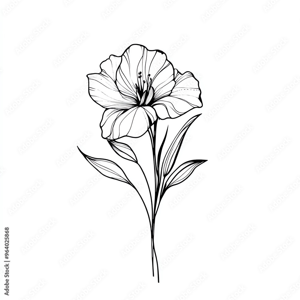 Obraz premium Stylized black and white illustration of a flower with delicate petals and leaves, perfect for botanical designs and art.